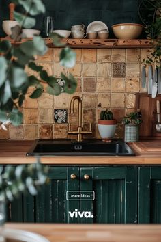 a kitchen with green cabinets and wooden counter tops, plants on the shelf above the sink