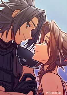 two people are kissing in front of a blue sky and one person is wearing armor