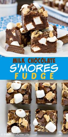 chocolate s'mores fudge bars stacked on top of each other with marshmallows