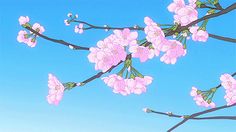 a painting of pink flowers on a tree branch with blue sky in the back ground