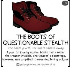 the boots of questionable stealth poster is shown in black and white with an image of a pair of red shoes