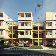 an apartment building with multiple balconies on each floor