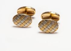 Men's Gold Woven Basket Weave Cufflinks Engraved Yellow Gold Cufflinks, Classic Yellow Gold Oval Cufflinks, Classic Oval Yellow Gold Cufflinks, Classic Gold Oval Cufflinks, Oval Cufflinks For Business, Basket Weave Pattern, Gold Cufflinks, Weave Pattern, Woven Basket