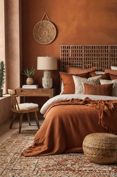 a bedroom with an orange wall and brown bedding, rugs on the floor