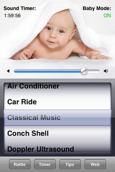 an iphone screen showing the air conditioner and baby music player on it's display