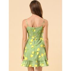 This lemon-printed dress is perfect for the spring and summer seasons. This polka-dot lemon-printed dress adds a sweet and feminine style. It features a ruffle trim along the hem and a sweetheart neckline design. With an allover pretty lemon-dot print on a fresh white fabric for an eye-catching look, you can easily pair this sleeveless short dress with sneaks and a messy bun for a casual outing, or dress it up with heels and your favorite accessories for a date night. Lemon Spaghetti, Lemon Print Dress, Sleeveless Short Dress, Mini Sundress, Linen Mini Dress, Neckline Designs, Mini Skater Dress, Bow Knot, Spaghetti Strap Dress