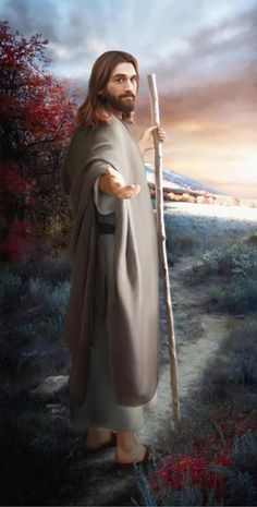 jesus holding a stick in his hand and standing on a path with trees behind him