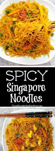 spicy singapore noodles with carrots and other vegetables on a white plate next to chopsticks