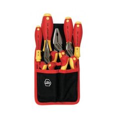 a red and black case holds seven pairs of tools, including knives and pliers