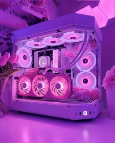 a purple room with pink flowers and lights on the shelf, in front of it