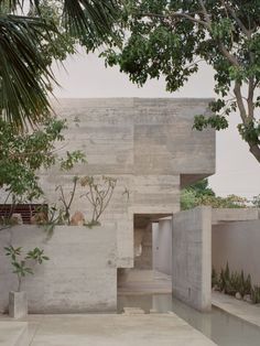 an outdoor area with concrete walls and planters on the outside, surrounded by trees