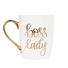 a white and gold coffee mug with the words boss lady on it's side