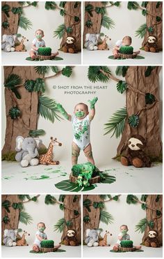 a collage of photos with babys and stuffed animals