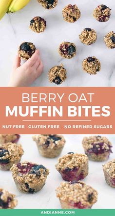 blueberry oat muffin bites on a white table with bananas and text overlay that reads, berry oat muffin bites