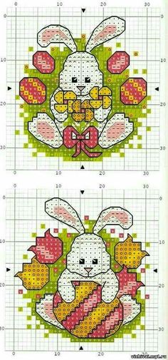 two cross stitch pictures of an easter bunny