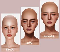 three different types of female heads with the names lizzy, bekka and anabel