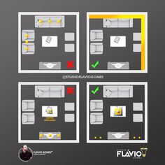 the floor plan for a living room is shown in three different colors and sizes, including yellow