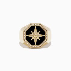 Effy Men's 14K Yellow Gold Onyx and Diamond Star Ring, 0.21 TCW | effyjewelry.com Diamond Necklace Designs, Diamond Star, Yellow Stone, Finger Rings, Star Ring, Gold Star, Wedding Board, Color Ring, Diamond Jewellery