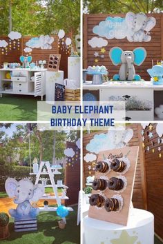 a baby elephant birthday party with balloons and decorations