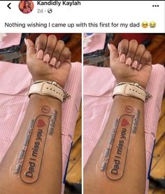 two pictures of someone's arm with the same tattoo on it and one has a message that says nothing i came up with this first for my dad