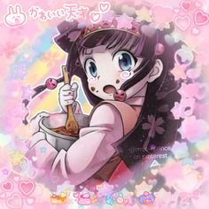 an anime character holding a spoon in her hand