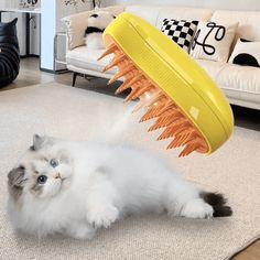 a cat laying on the floor with a toy in it's mouth that looks like a claw