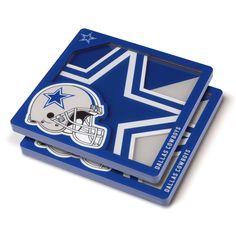 two nfl coasters with a football helmet on one and a star on the other