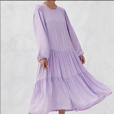 Size Small Elegant Solid Color Tiered Dress, Modest Tiered Dress For Day Out, Elegant Tiered Solid Color Dress, Elegant Solid Tiered Dress, Spring Solid Color Viscose Midi Dress, Solid Viscose Midi Dress For Spring, Chic Purple A-line Maxi Dress, Chic Long Sleeve Tiered Dress For Daywear, Chic Long Sleeve Tiered Daywear Dress