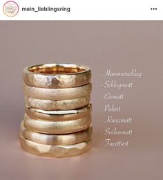 four different types of gold wedding rings on top of each other with names written below