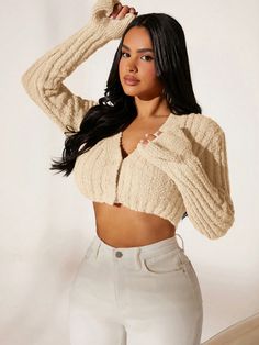 Women's Solid Color Long Sleeve Casual Short Pullover Top, Daily Casual Beige Casual  Long Sleeve Knitwear Plain  High Stretch  Women Clothing, size features are:Bust: ,Length: ,Sleeve Length: Beige Long Sleeve Cozy Cropped Sweater, Cozy Beige Cropped Long Sleeve Sweater, Beige Knit Long Sleeve Cropped Sweater, Cozy Beige Long Sleeve Knit Top, Beige Knitted Long Sleeve Cropped Sweater, Beige Long Sleeve Knitted Cropped Sweater, Beige Ribbed Long Sleeve Cropped Sweater, Short Pullover, Long Sleeve Sweaters