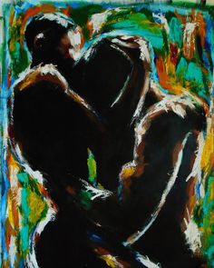 an abstract painting of two people hugging each other in front of a green and yellow background