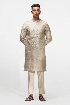 Shop for Asuka Beige Geometric Embroidered Chanderi Silk Kurta Set for Men Online at Aza Fashions Jamawar Kurta With Resham Embroidery For Reception, Festive Silk Sherwani With Resham Embroidery, Eid Reception Kurta With Zari Work, Long Sleeve Jamawar Kurta With Mirror Work, Festive Raw Silk Kurta For Reception, Festive Silk Kurta For Reception, Raw Silk Kurta With Mirror Work For Reception, Transitional Resham Embroidery Kurta For Reception, Chanderi Sherwani For Reception