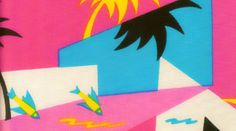 an abstract painting with palm trees and buildings in pink, blue, yellow and black