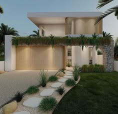 an artist's rendering of a modern house with palm trees in the front yard