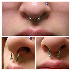 three pictures of different types of piercings on the side of a woman's nose