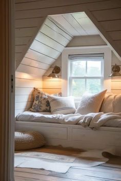 a window seat in the corner of a room