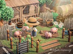 an animated pig farm scene with pigs in the yard