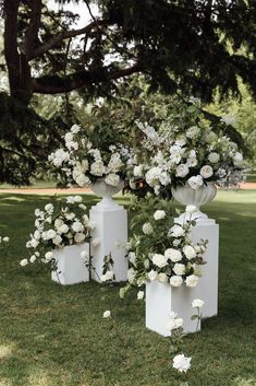 white flowers are arranged in vases on the grass