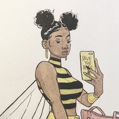 a drawing of a woman holding a cell phone with the words save the bees on it