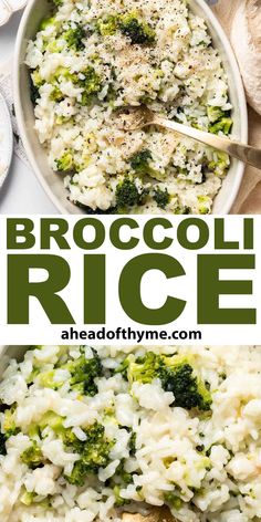 broccoli rice in a white bowl with text overlay