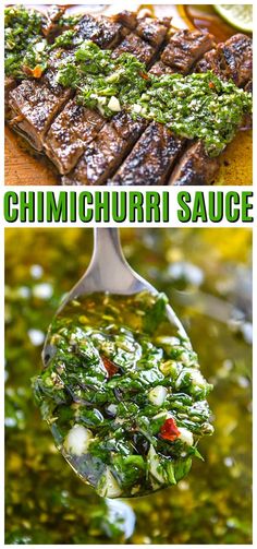 grilled steaks with chimichri sauce and spinach