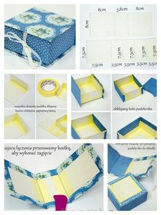 the instructions for how to make an origami box with yellow and blue paper