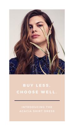 a woman with long brown hair wearing a blue dress and the words buy less choose well