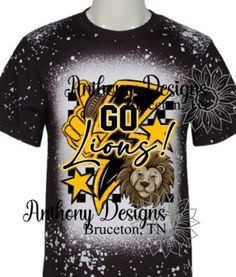 Item Details: Go Lions football bleached tee shirt school spirit shirt  NO TWO SHIRTS ARE THE SAME Message me with your school colors/mascot and I will be happy to design a shirt for you.  I LOVE custom orders.  Color of design may have to be changed based on the color of the shirt. Please message with any questions.  Production/Shipping Time: Anthony Designs creates custom designs and personalized items, therefore, production time averages 1-2 weeks.  We ship with USPS First Class Mail. Shipping is $3.50 for first item and $1.00 for each additional item for orders under $35.00.  Orders over $35.00 will have free shipping. Shipping time averages 7-10 days.  Due to the Global Pandemic, shipping has been known to take additional time. This is completely out of our control.  We highly recomme School Spirit T-shirt With Custom Print For Football Season, School Spirit Sublimation Design For Cheerleading, School Spirit T-shirt With Sublimation Print For School, Black T-shirt With Sublimation Print For School, Homecoming Shirts, High School Homecoming, School Spirit Shirts, Lions Football, Lion Shirt