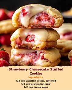 strawberry cheesecake stuffed cookies are stacked on top of each other