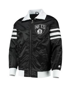 For a bold display of Brooklyn Nets loyalty, The Captain Ii jacket from Starter leads the way. Its sleek Brooklyn Nets appliques on the front and back are accentuated by stripes and rib-knit trim in a contrasting team color. Adding in glossy satin fabric and a classic varsity design, this full-zip jacket puts all eyes on your undeniable fandom. Throwback Black Varsity Jacket For Sports, Black Throwback Outerwear For College, Black Throwback Winter Outerwear, Black Winter Vintage Outerwear, Black Hooded Throwback Outerwear, Black Throwback Hooded Outerwear, Black Varsity Jacket, Varsity Design, Brooklyn Nets