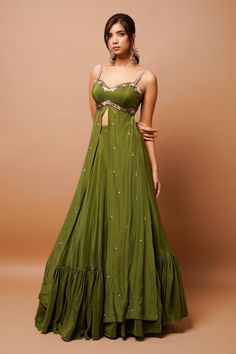 Buy Ahi Clothing Green Heavy Crepe Front-slit Kurta And Ruffle Hem Lehenga Set Online | Aza Fashions Kurta And Lehenga, Mehendi Outfit, Trendy Outfits Indian, Mehendi Outfits, Lehenga Designs Simple, Anarkali Dress Pattern, Traditional Indian Dress, Gaun Fashion, Indian Dresses Traditional