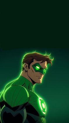 the green lantern from dc comics standing in front of a dark background with his eyes glowing