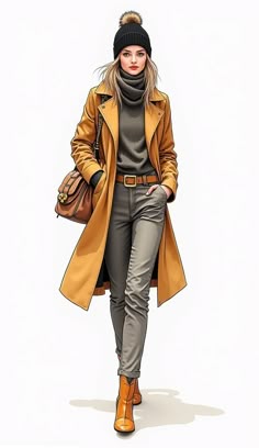 a drawing of a woman walking down the street wearing a yellow coat and gray pants