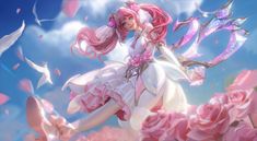 a girl with pink hair and white dress flying through the air next to some flowers